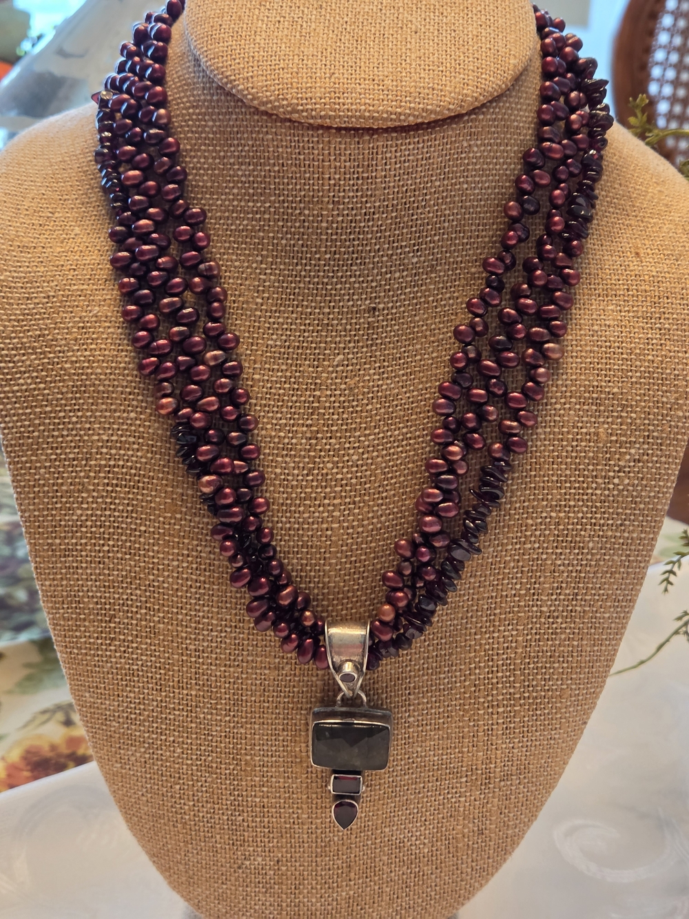 Vintage 1980s Handcrafted 3-strand Pearl & Garnet Pendant Necklace